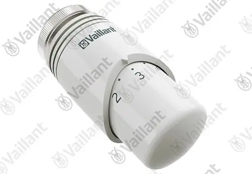 Vaillant Thermostatventilkopf in Weiß mit Drehmechanismus und Skala von 1 bis 3 zur Regelung der Heiztemperatur.